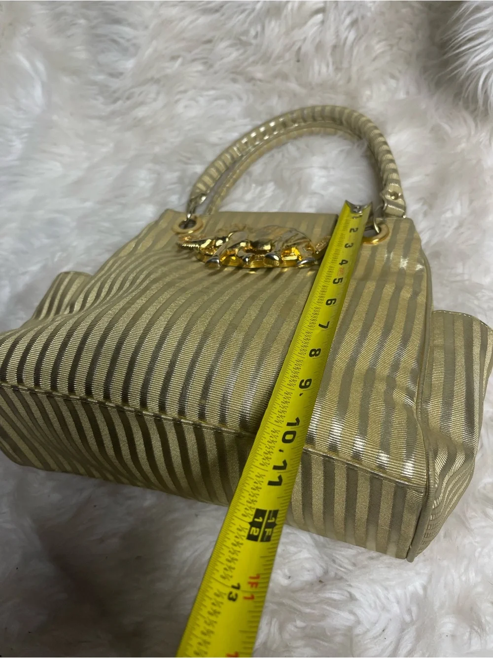 Gold Striped coated fabric Satchel Gold tone Elephant-Embellished